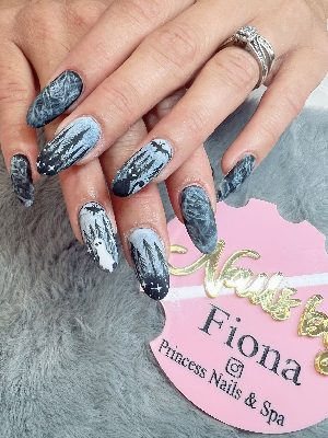 Long almond nails with gray and black spooky forest scenes, bats, stars, misty effects, and a white ghost.