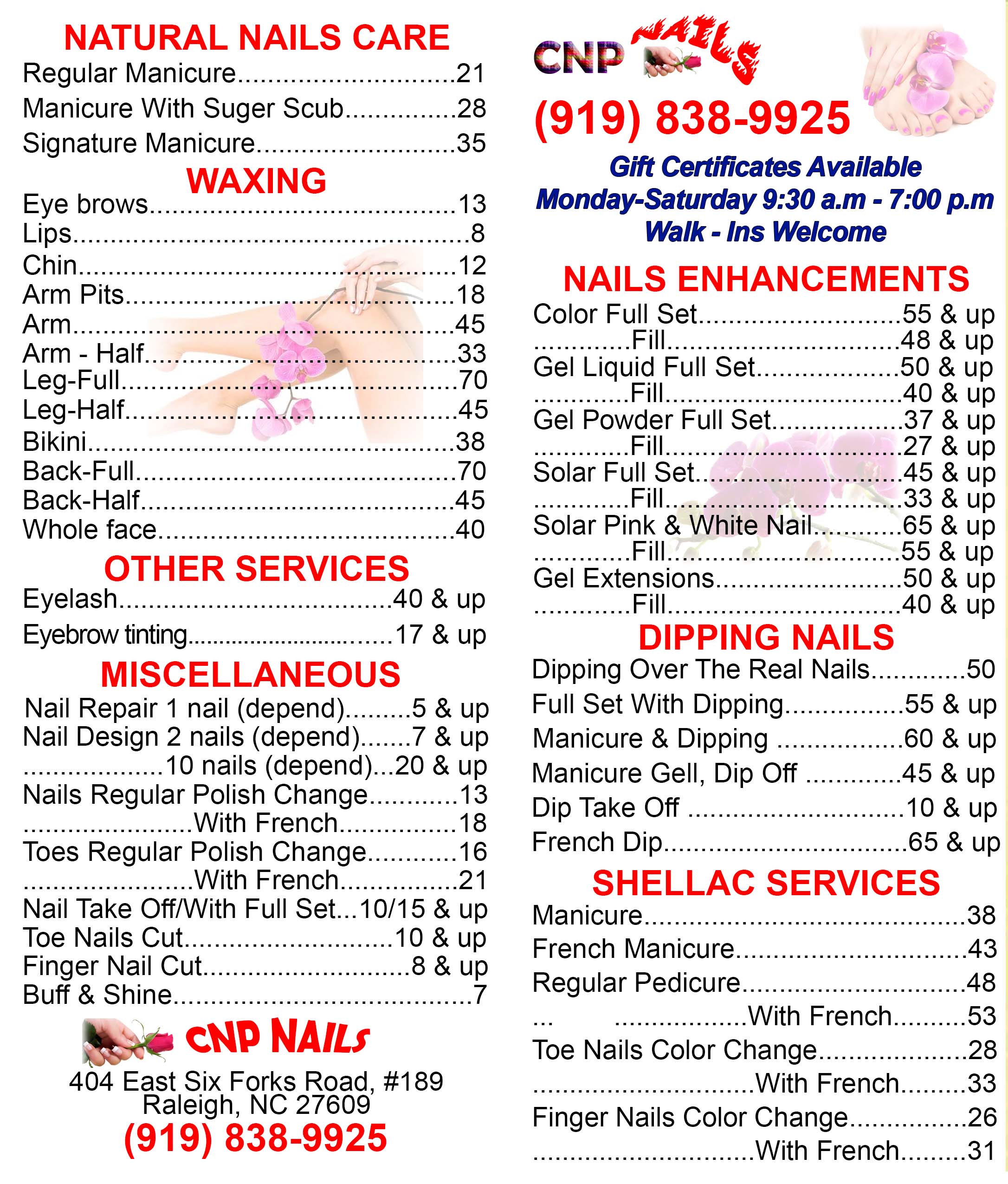 CNP Nails menu